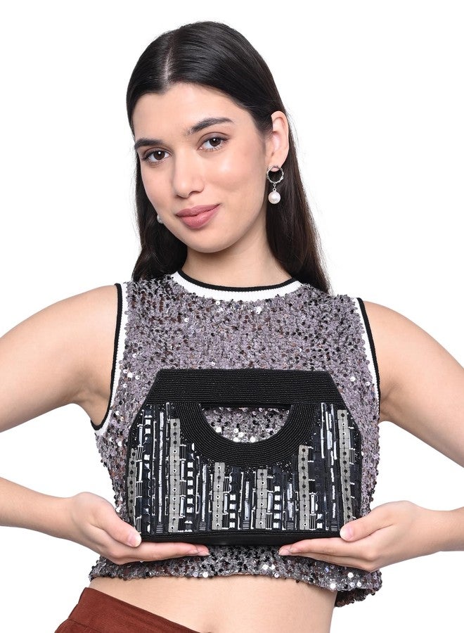 MARKQUES Black Sequence Mix Embellished Hand Held Purse For Women - Image 3